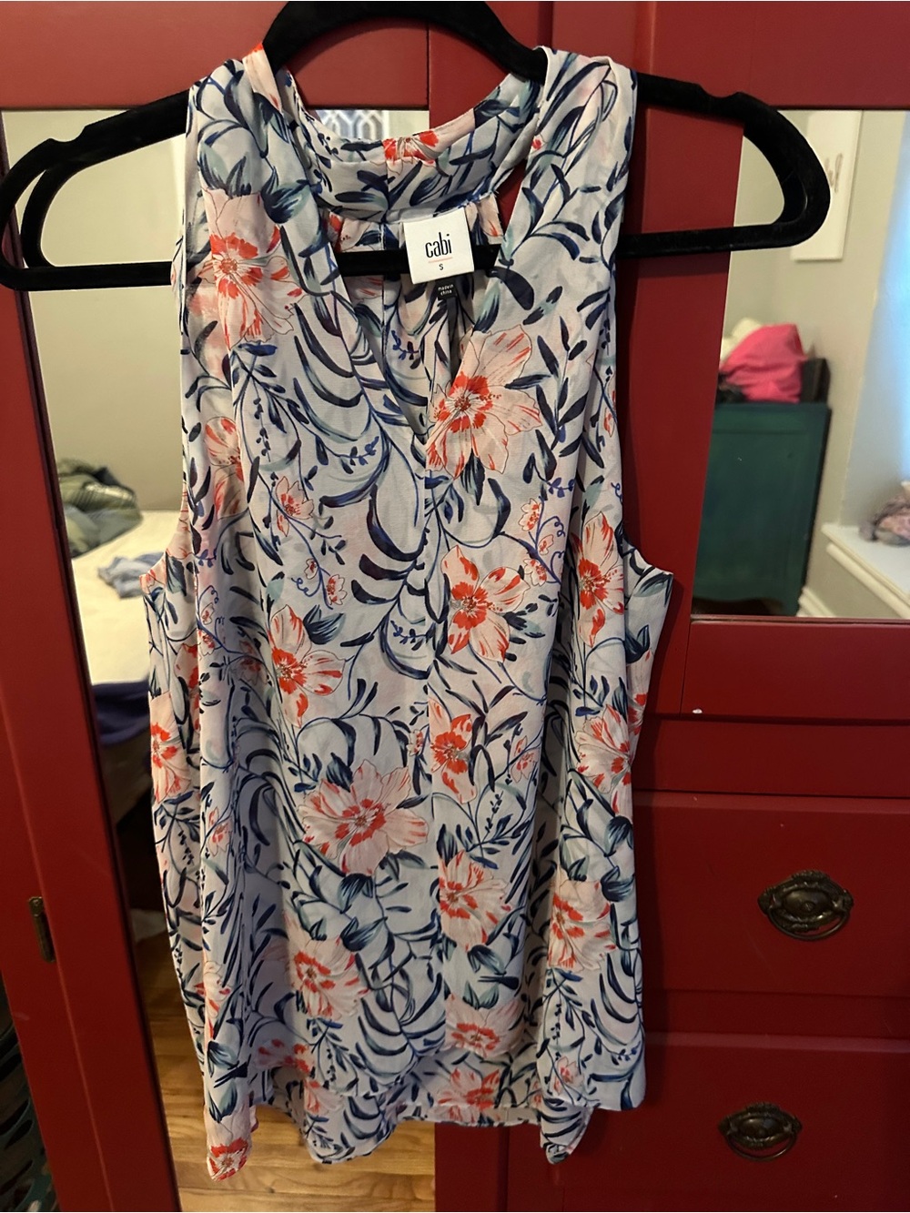 cabi Floral V-Neck Sleeveless Tank - White, Coral & Navy